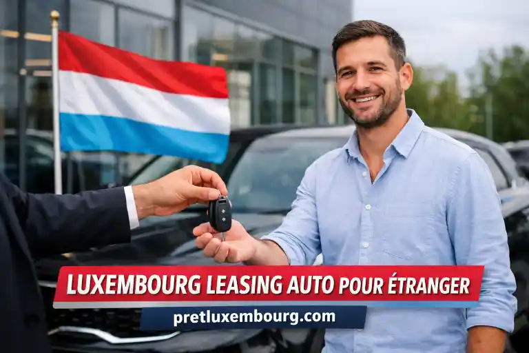 Voiture compacte grise garée près d’une route frontalière entre la France et le Luxembourg au petit matin